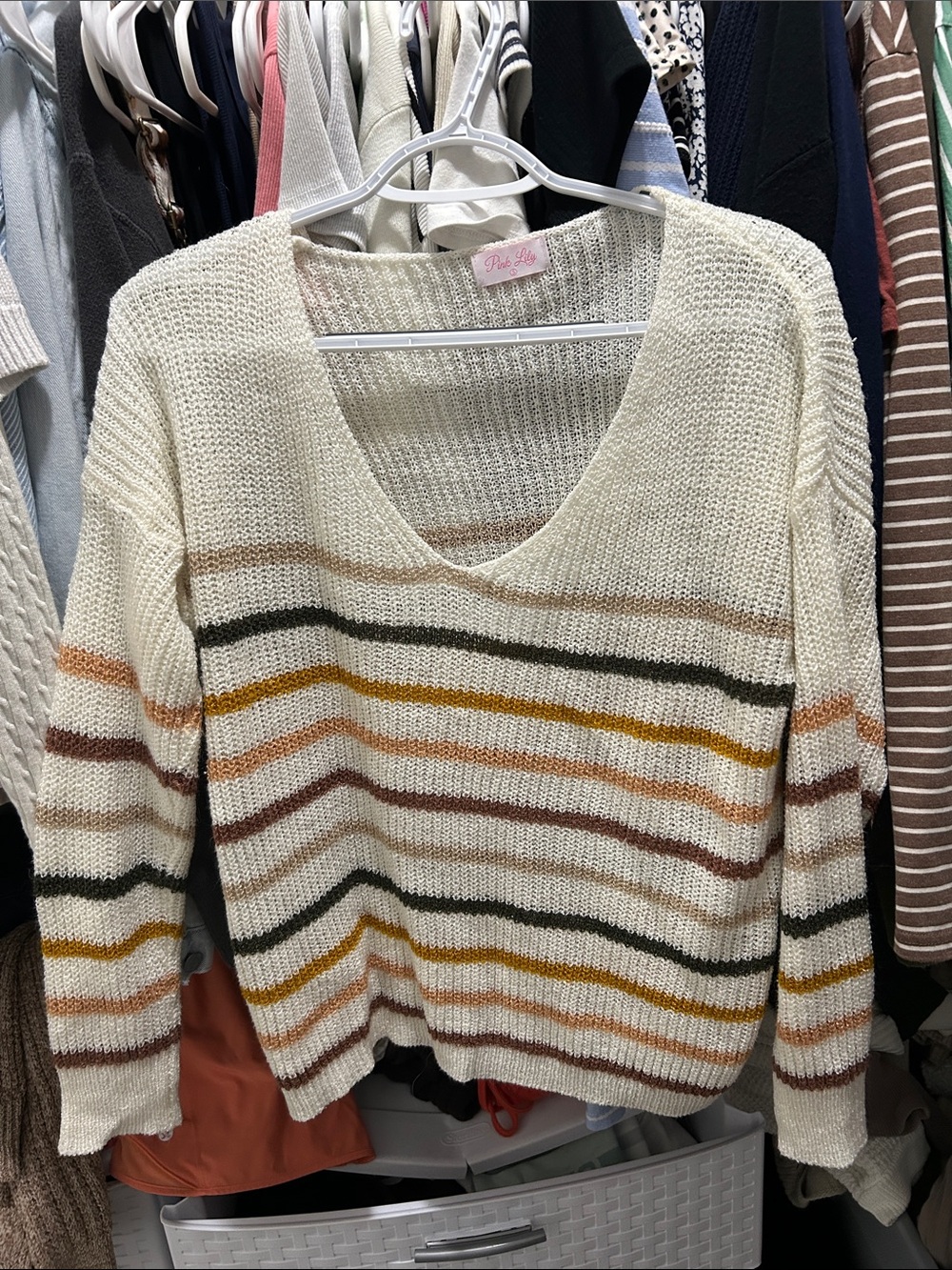Pink Lily Cream Striped V-Neck Sweater with Mustard, Olive & Brown Accents
